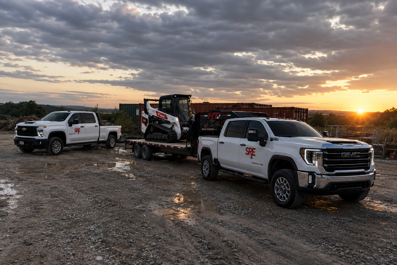 SR Equipment trucks hauling a skid steer at sunset